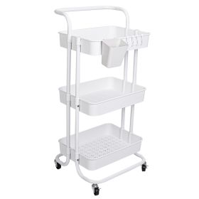 3 Tier Rolling Utility Cart Movable Storage Organizer with Mesh Baskets Lockable Wheels 360 Degree Rotatable Hanging Box Hooks Bedroom Bathroom Kitche (Color: White, type: 3 Tier)
